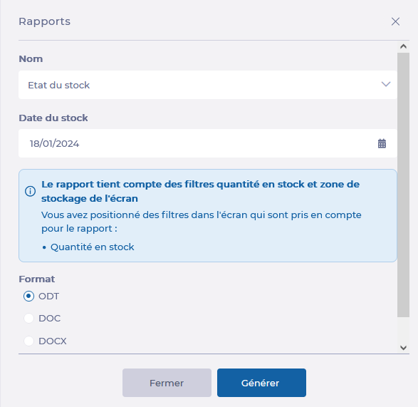 Los informes disponibles en la pantalla Stock-Rapports.PNG