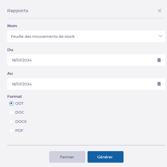 Los informes disponibles en la pantalla Stock-RapportsMouvements.PNG